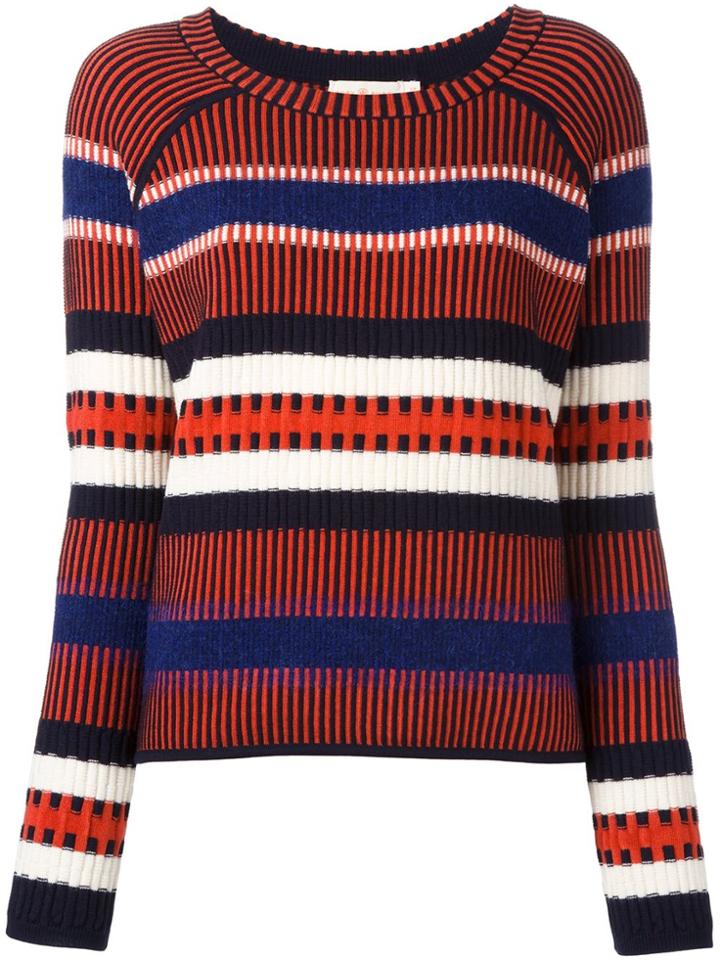 Tory Burch Striped Contrast Knit Sweater - Blue