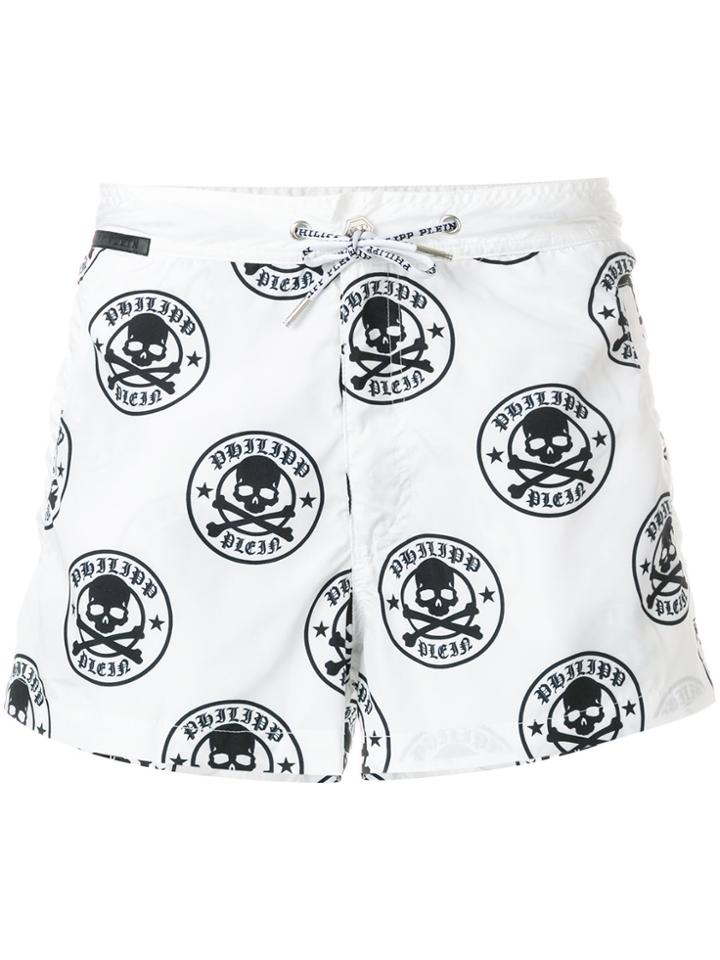 Philipp Plein Skull And Crossbones Print Swim Shorts - White