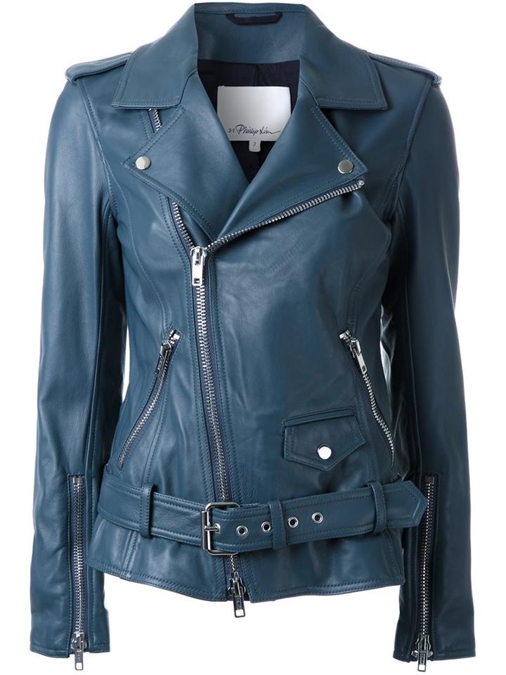 3.1 Phillip Lim Classic Biker Jacket, Women's, Size: 2, Blue, Leather