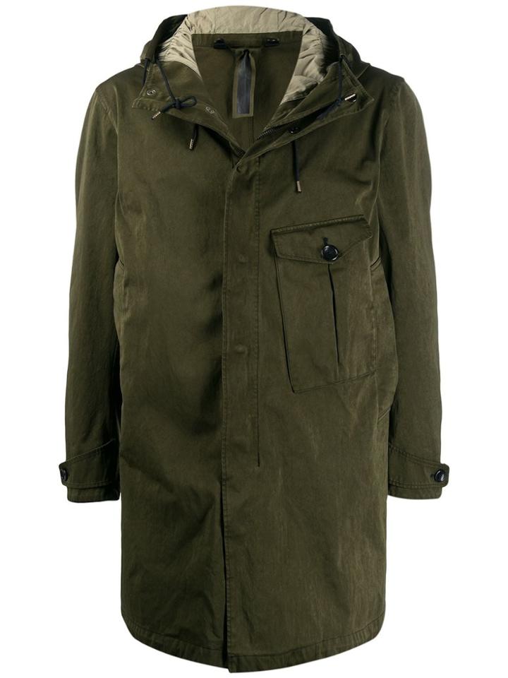 Ten C Hooded Single Pocket Parka Coat - Green
