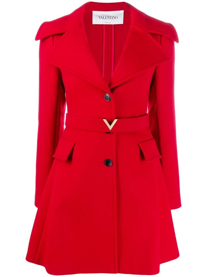 Valentino V Logo Belt Coat - Red