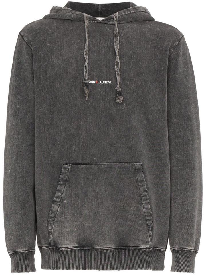 Saint Laurent Distressed Logo Hoodie - Grey