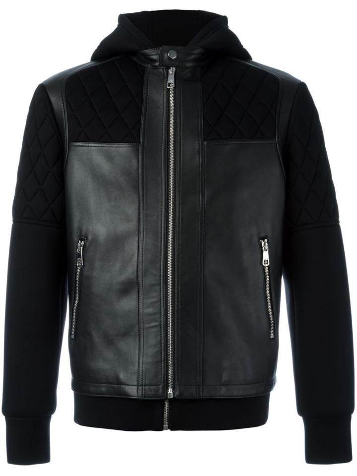 Neil Barrett Layered Hooded Jacket, Men's, Size: Large, Black, Lamb Skin/viscose/polyester