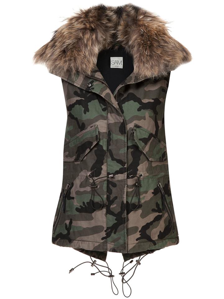 Sam. Fur Collar Camouflage Gilet - Green