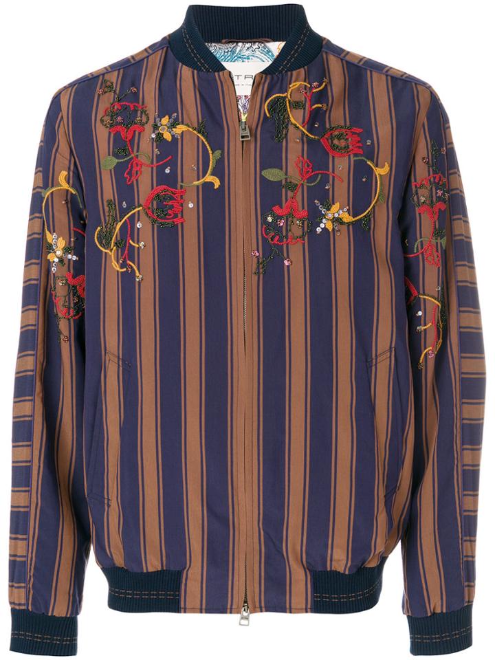 Etro Embroidered Striped Bomber Jacket - Blue