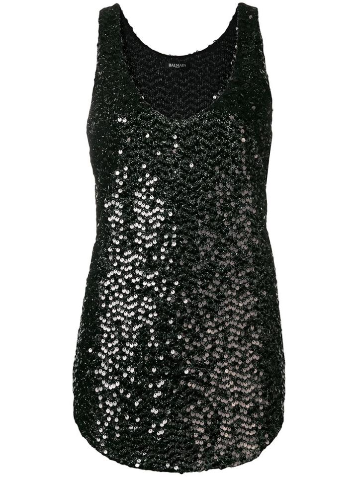 Balmain Longline Sequinned Tank Top - Black