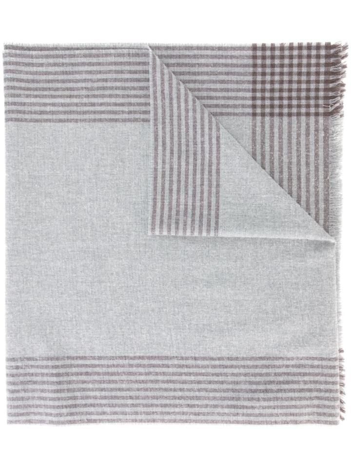 Brunello Cucinelli Striped Border Scarf, Men's, Grey, Polyamide/cashmere/alpaca
