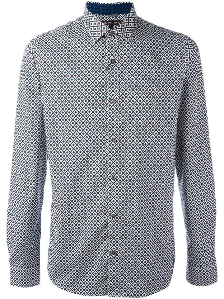 Michael Kors Geometric Print Shirt, Men's, Size: Medium, White, Cotton