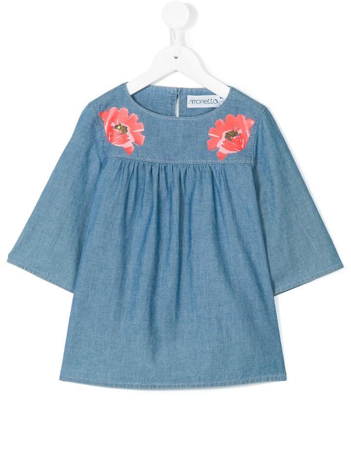 Simonetta - Floral Denim Blouse - Kids - Cotton/polyamide/viscose - 8 Yrs, Blue
