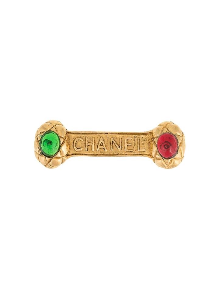 Chanel Vintage Stone Details Logo Brooch - Gold