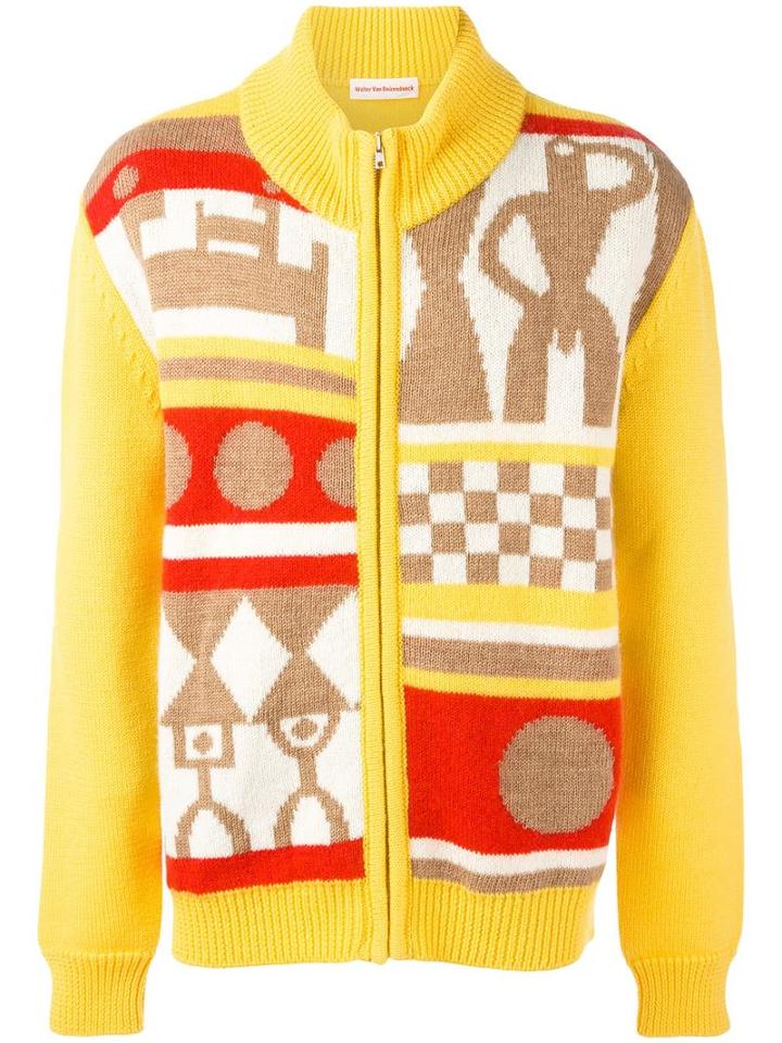 Walter Van Beirendonck Ethnic Pattern Zipped Cardigan, Men's, Size: Large, Yellow/orange, Mohair/wool/polyamide