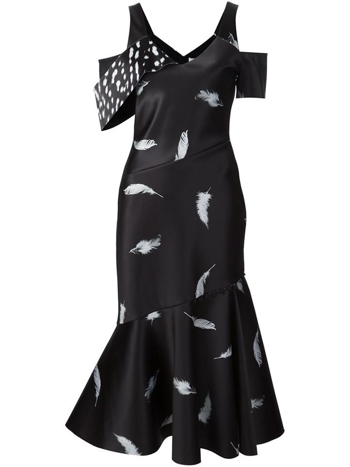 Prabal Gurung Feather Print Cold Shoulder Dress