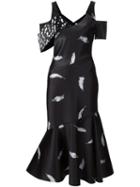 Prabal Gurung Feather Print Cold Shoulder Dress