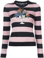 Dolce & Gabbana Flower Embroidered Striped Top - Pink & Purple