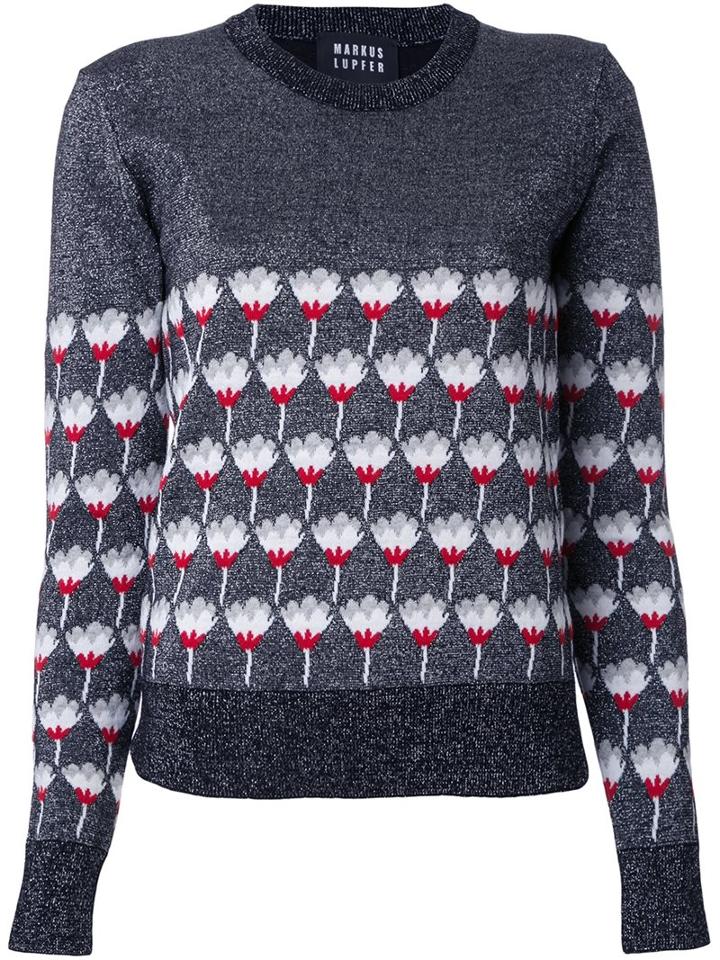 Markus Lupfer Floral Pattern Pullover, Women's, Size: Medium, Grey, Wool