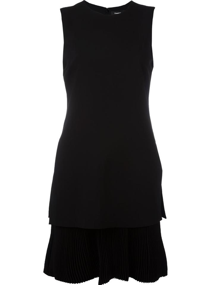 Theory Pleated Inset Dress, Women's, Size: 8, Black, Polyester/triacetate