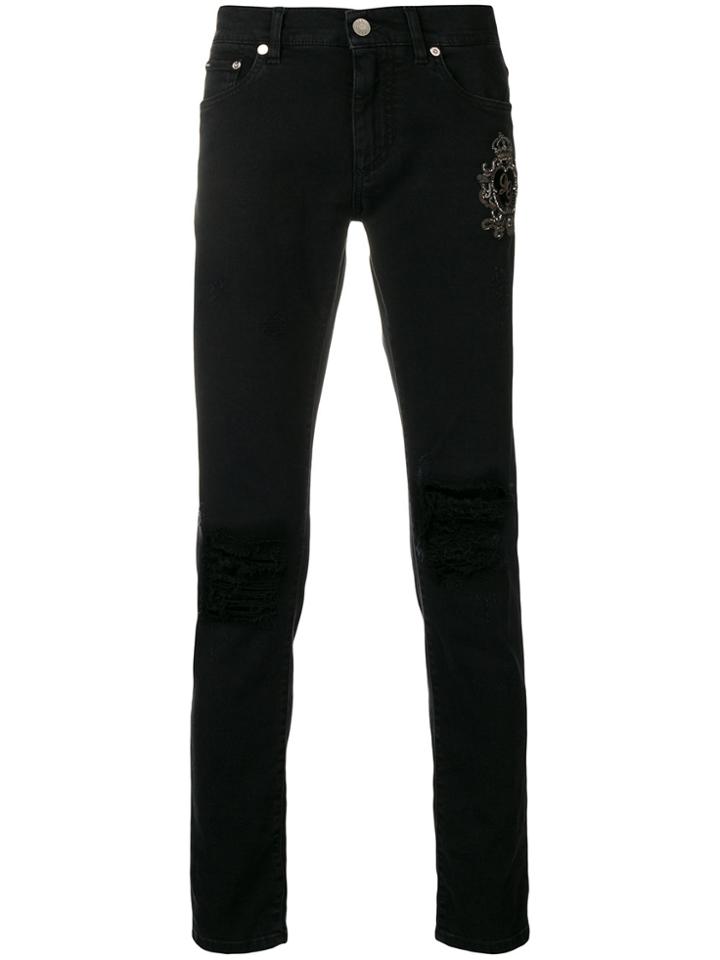 Dolce & Gabbana Crest Embroidered Skinny Jeans - Black
