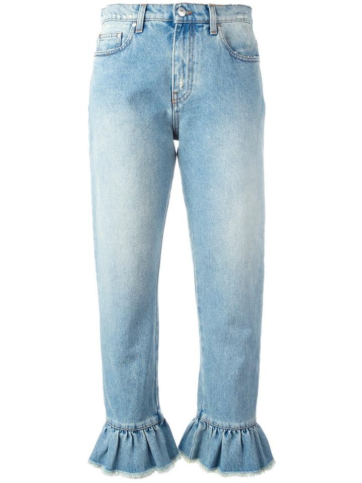 Msgm Ruffle-trimmed Cropped Jeans, Women's, Size: 44, Blue, Cotton/polyester