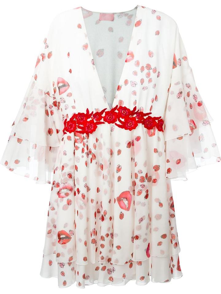 Giamba Flutter Sleeve Printed Dress, Women's, Size: 40, White, Silk/polyester/viscose/cotton