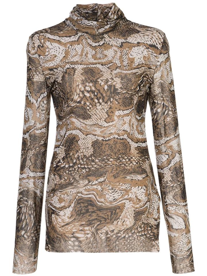 Ganni Marbled Snake-effect Roll-neck Top - Brown