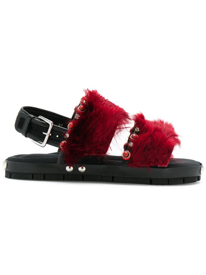 Marni Lama Fur Sandals - Red