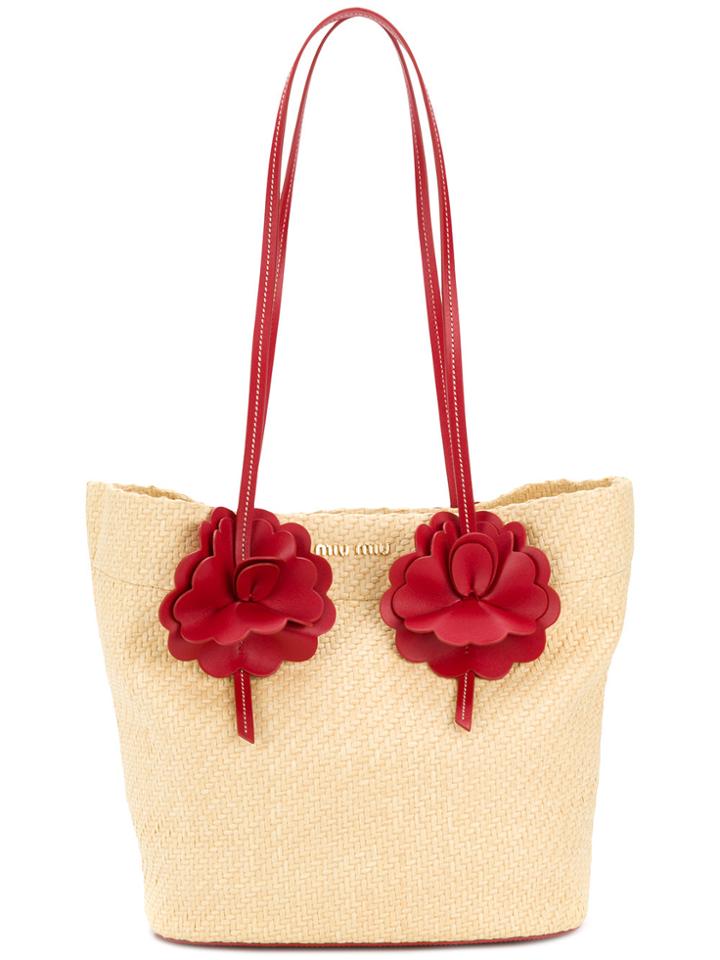 Miu Miu Flower-embellished Woven Tote - Nude & Neutrals