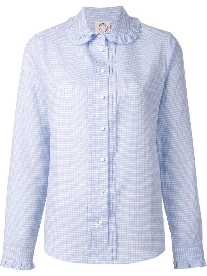 Ines De La Fressange Ruffle Collar Grid Print Shirt, Women's, Size: 40, Blue, Cotton