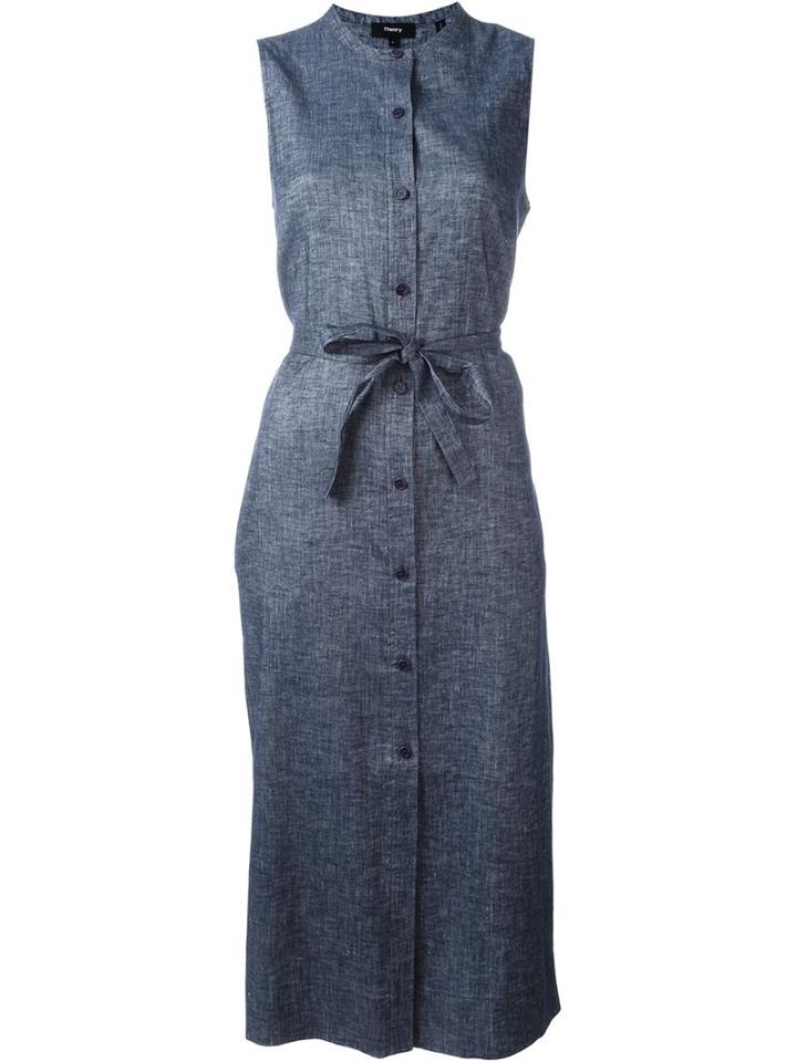 Theory Button Down Tie Waist Denim Effect Dress