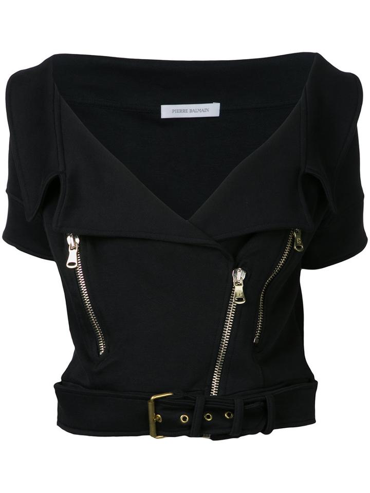 Pierre Balmain - Belted Cropped Jacket - Women - Cotton/polyester - 42, Black, Cotton/polyester