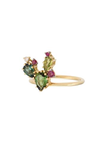 Sauer Anel Palma Em Ouro Amarelo, Rubi, Turmalina E Diamante - Oa
