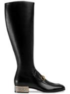 Gucci Horsebit Leather Knee Boot With Crystals - Black