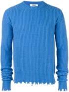 Msgm Raw Edge Crew Neck Sweater, Men's, Size: Small, Blue, Wool/polyamide