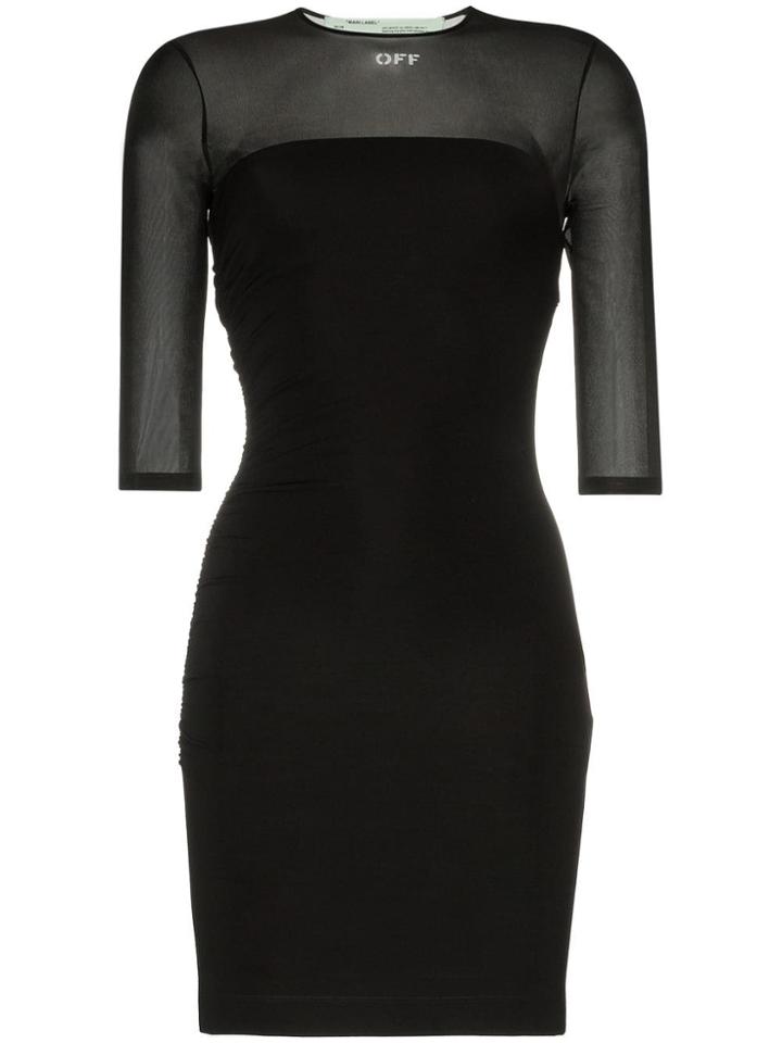 Off-white Sheer Panel 3/4 Sleeve Stretch Mini Dress - Black