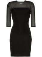 Off-white Sheer Panel 3/4 Sleeve Stretch Mini Dress - Black