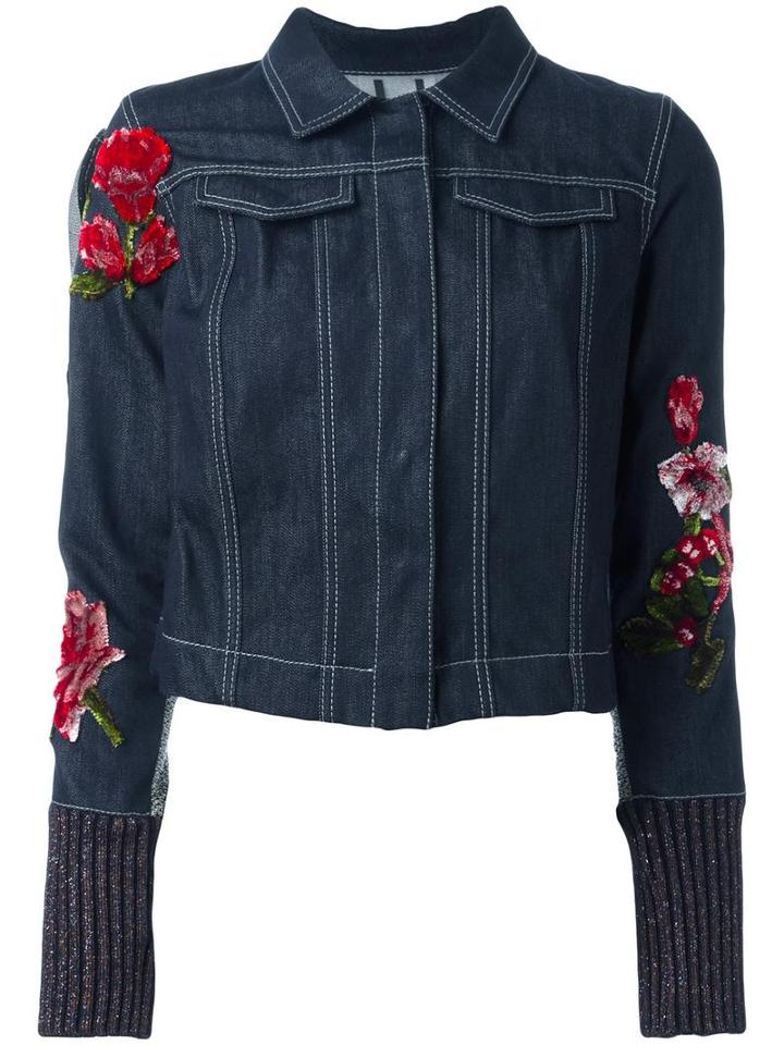 Aviù Floral Embroidered Denim Jacket, Women's, Size: Small, Blue, Cotton/polyamide/polyester/spandex/elastane