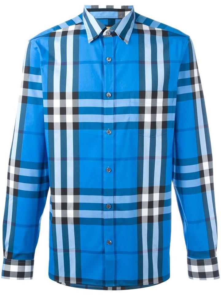 Burberry Checked Print Shirt, Men's, Size: Xl, Blue, Cotton/spandex/elastane/polyamide