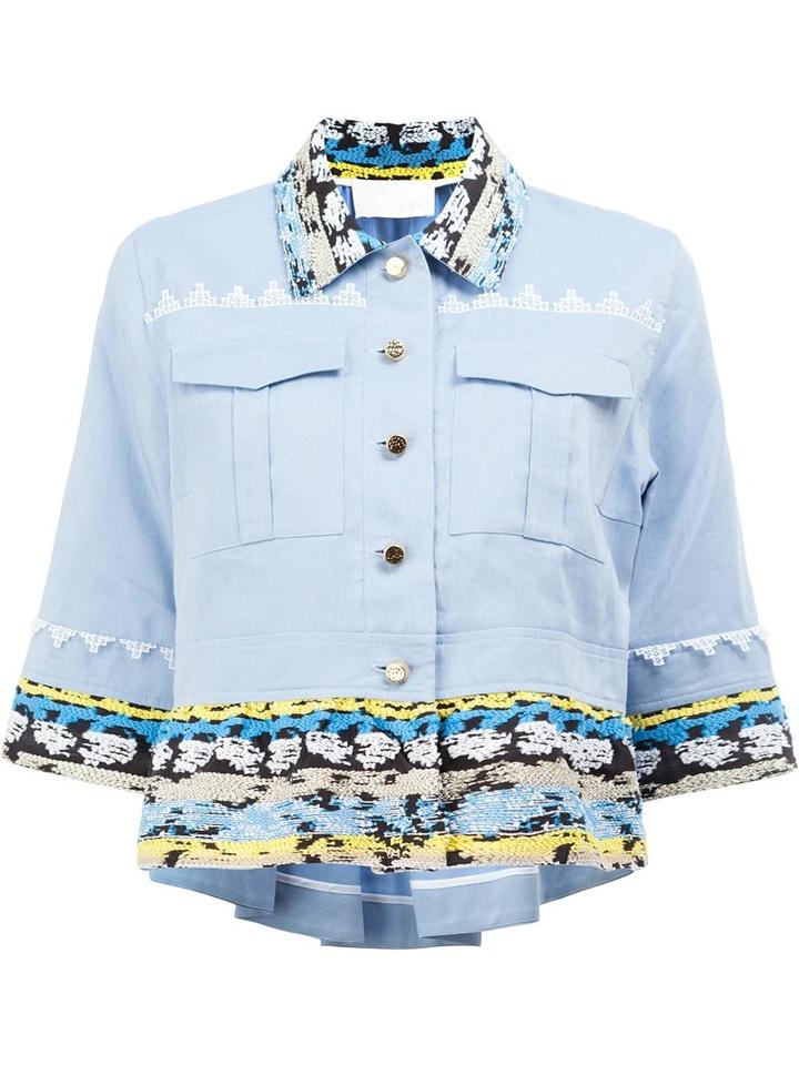 Peter Pilotto Embroidered Trim Cropped Shirt, Women's, Size: 10, Blue, Viscose/acetate/polyester/cotton