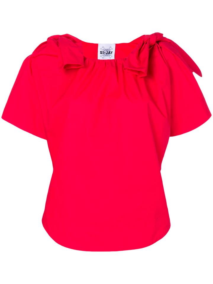 Si Jay Poplin Bow Shoulder Top - Red