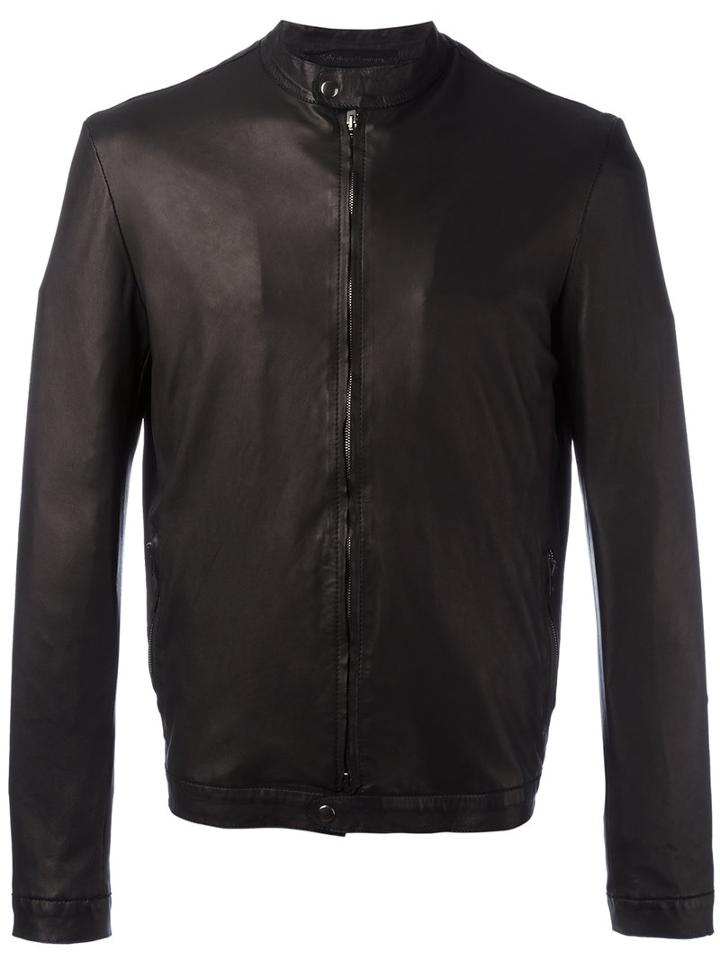 Salvatore Santoro Banded Collar Leather Jacket, Men's, Size: 50, Black, Leather