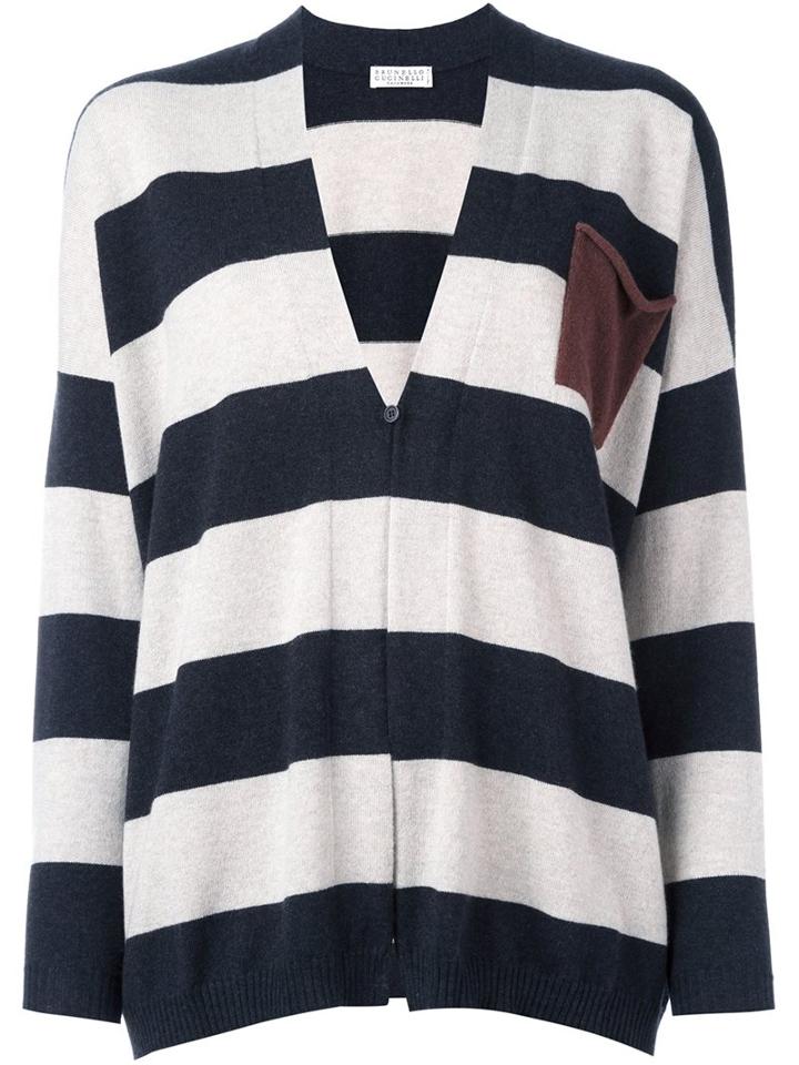 Brunello Cucinelli Striped Pocket Detail Cardigan, Women's, Size: Medium, Black, Cashmere