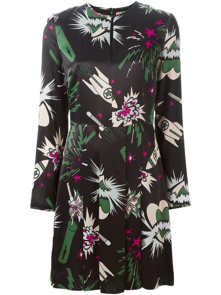 Msgm Rocket Print Pleated Dress, Women's, Size: 40, Black, Viscose/silk