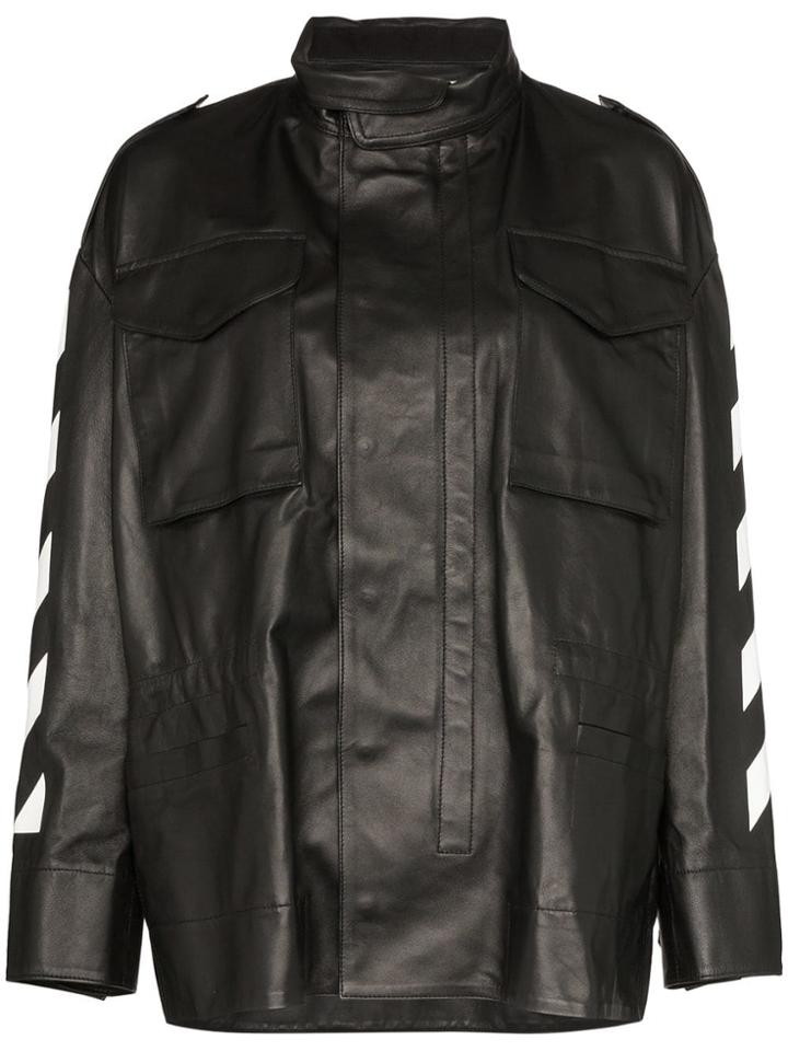 Off-white Logo Print High Neck Oversized Leather Jacket - Black