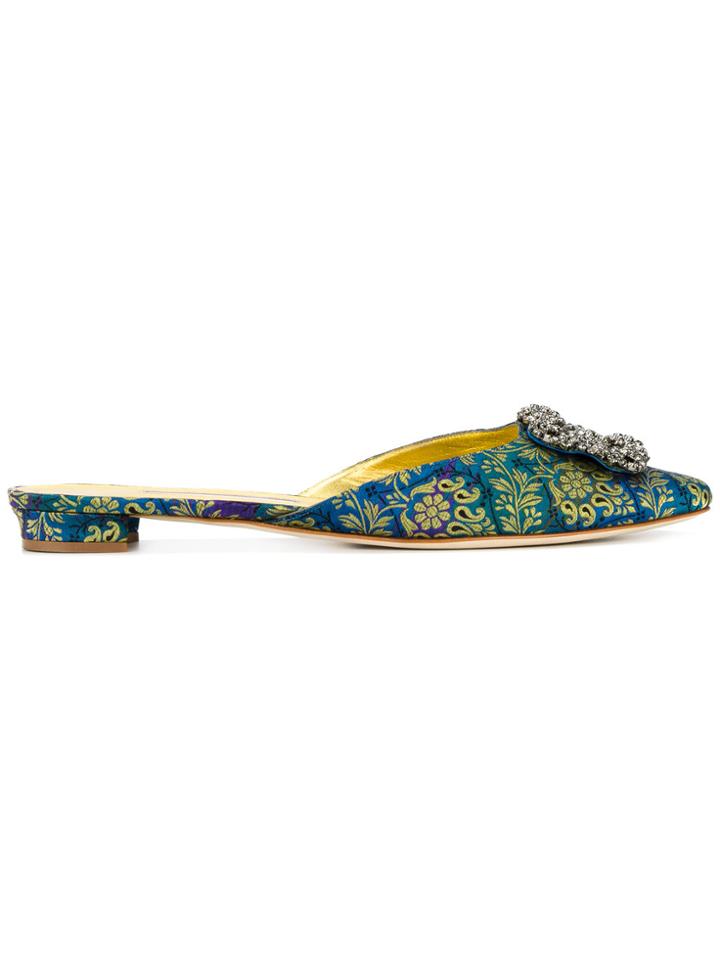 Manolo Blahnik Hangisi Brocade Buckle Mules - Blue