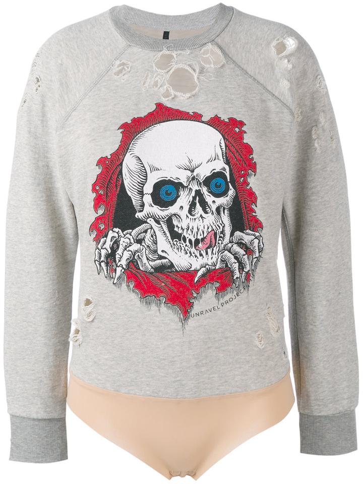 Unravel Project Distressed Skull Sweat Bodysuit, Women's, Size: Xs, Grey, Cotton/polyamide/spandex/elastane