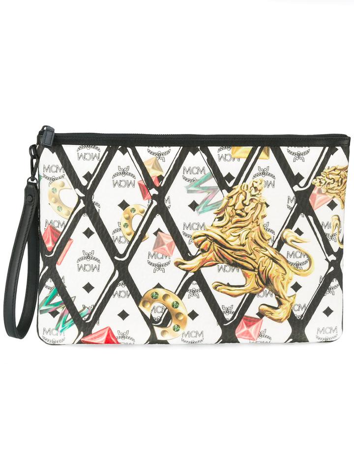 Mcm Printed Zip Clutch, Women's, White, Pvc