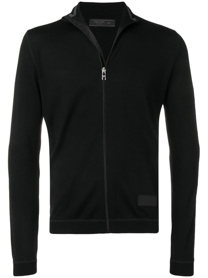 Prada Logo Patch Zipped Cardigan - Black