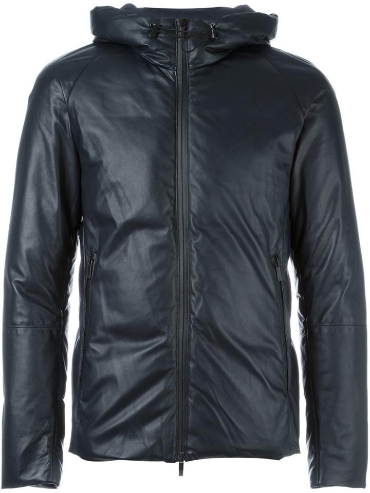 Emporio Armani Two-way Zip Hooded Jacket, Men's, Size: 48, Blue, Feather Down/lamb Skin/polyester/viscose