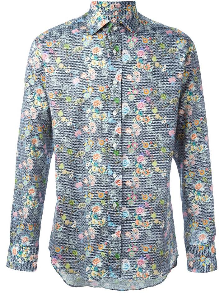 Etro Mixed Print Shirt, Men's, Size: 40, Blue, Cotton