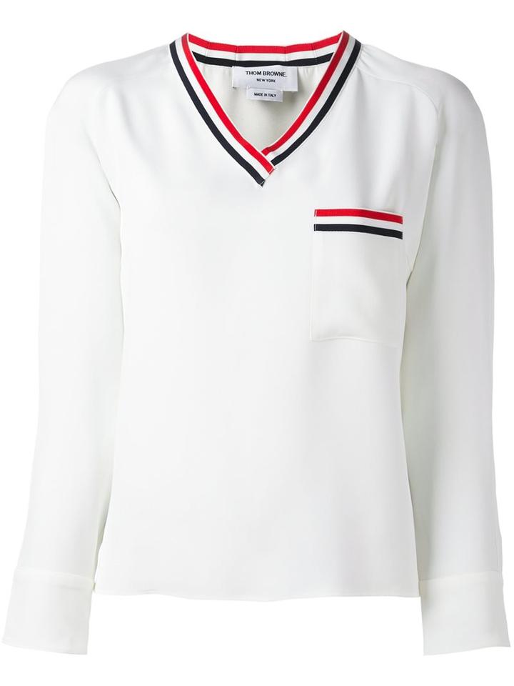 Thom Browne Striped V-neck Blouse, Women's, Size: 42, White, Silk/polyester