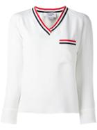 Thom Browne Striped V-neck Blouse, Women's, Size: 42, White, Silk/polyester
